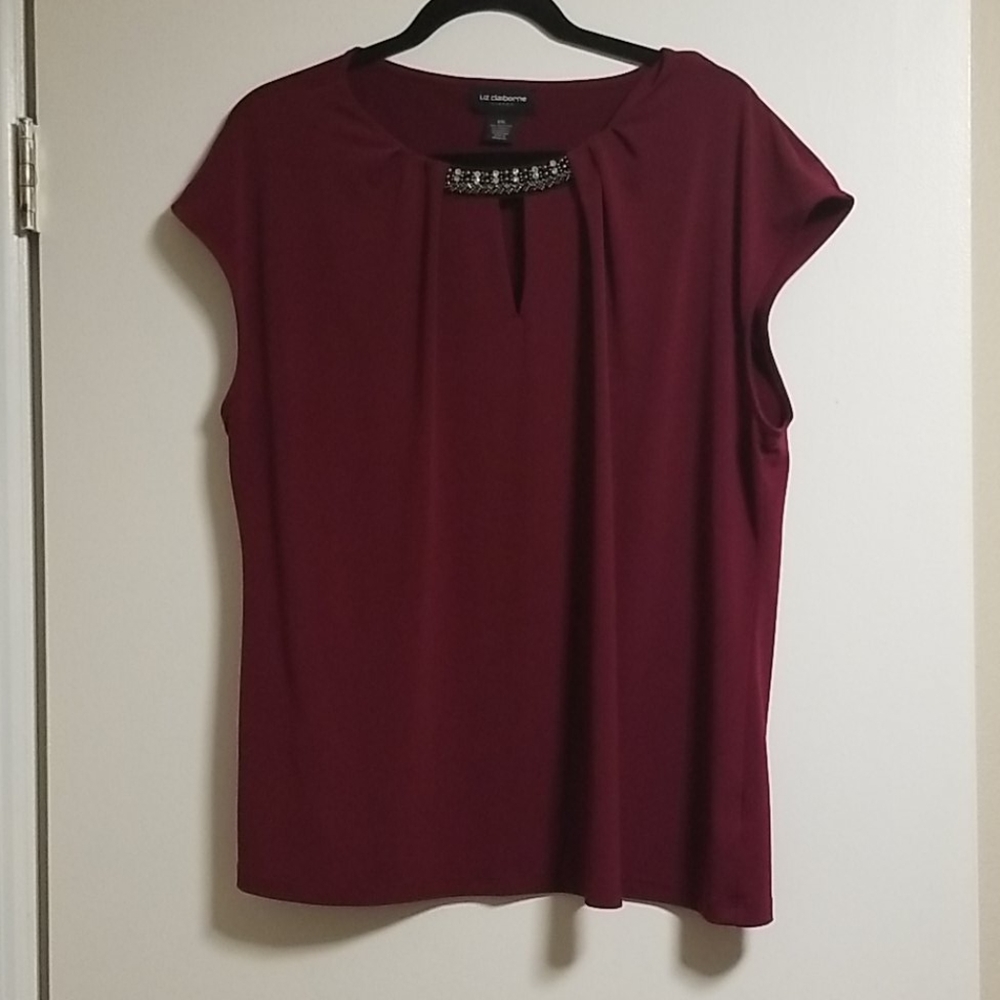 Liz claiborne Burgandy jeweled keyhole blouse